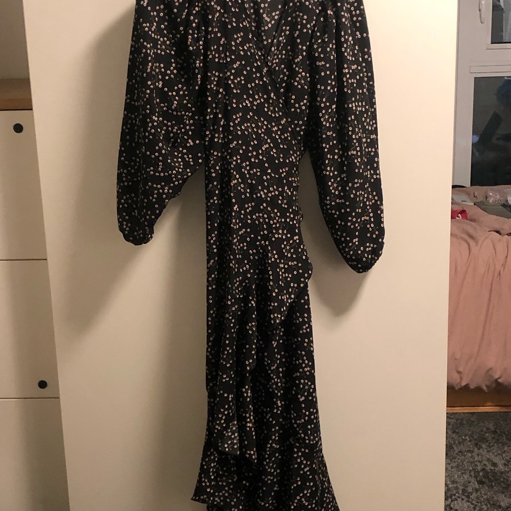 Black Floral Ruffle Wrap Midi Dress